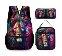 WECECE Set di Zaino Lion Motif Bambini con Sacchetto per Pranzo e Astuccio, Borsa Scolastica Animal King Bambina 6-11 Anni per Elementare e Tempo Libero, Spallacci Regolabili