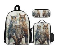 WECECE Set di Zaino Owl Motif Ragazzo con Sacchetto Pranzo e Astuccio Matite, Borsa Scolastica Bird Theme Bambina 7-14 Anni per Uso Quotidiano