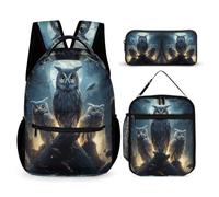 WECECE Set di Zaino Owl Pattern Ragazza con Portapranzo e Astuccio Matite, Borsa Scuola Bird Theme Ragazzo 6-13 Anni per Uso Quotidiano, Capiente per Libri Quaderni e Accessori