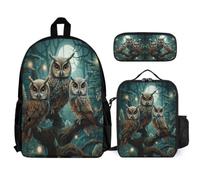 WECECE Set di zaino Owl per la scuola per adolescenti e ragazzi, zaini Bird Theme con portapranzo e astuccio, idea regalo la scuola elementare media, Set da 3 pezzi
