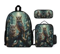 WECECE Set di zaino Owl per la scuola per adolescenti e ragazzi, zaini Bird Theme con portapranzo e astuccio, idea regalo per la scuola elementare e media, Set da 3 pezzi