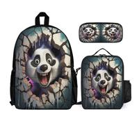 WECECE Set di Zaino Panda Ragazzo con Sacchetto Pranzo e Astuccio Matite, Borsa Scolastica 3D Animal Crack Bambina 7-14 Anni per Uso Quotidiano