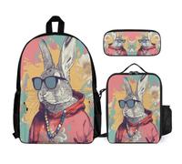 WECECE Set di Zaino Rabbit Bambini con Sacchetto per Pranzo e Astuccio, Borsa Scolastica Cool Animal Bambina 6-11 Anni per Elementare