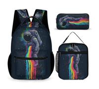WECECE Set di Zaino Rainbow Bambini con Sacchetto per Pranzo e Astuccio, Borsa Scuola Astronaut Ragazza 7-12 Anni per Uso Giornaliero, Capiente Libri Quaderni e Accessori
