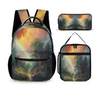 WECECE Set di Zaino Rainbow Bambino con Portapranzo e Astuccio Matite, Borsa Scuola Colourful Landscape Bambina Classe 1-3 per Lezioni Viaggio, Capiente per Libri Quaderni e Accessori