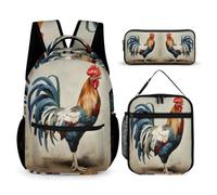 WECECE Set di Zaino Rooster Bambini con Sacchetto per Pranzo e Astuccio, Borsa Scuola French Gallic Chicken Ragazza 7-12 Anni per Uso Giornaliero, Capiente Libri Quaderni e Accessori