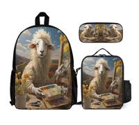 WECECE Set di Zaino Sheep Bambini con Portapranzo e Astuccio Matite, Zainetto Lamb Ragazza 6-12 Anni per Escursioni e Uso Giornaliero, Tasche Laterali Porta Bottiglia