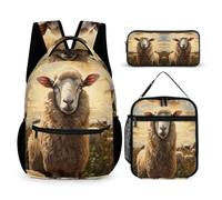 WECECE Set di Zaino Sheep Ragazzi con Borsa Termica e Astuccio, Zaino Scuola Lambs Animal Print Bambina 6-10 Anni per Rientro a Scuola, Capiente per Libri Quaderni e Accessori