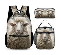 WECECE Set di Zaino Sheep Scuola Elementare Ragazzo, 3 Pezzi Zaini Lamb Print per Bambini con Borsa Termica e Astuccio, Kawaii Zaino Ragazza alla Moda