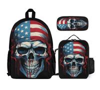 WECECE Set di Zaino Skeleton American Flag Bambina con Sacchetto per Pranzo e Astuccio, Borsa Scolastica Skull Ragazzo 7-13 Anni per Rientro a Scuola