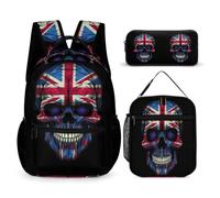 WECECE Set di Zaino Skull British Flag Ragazza con Portapranzo e Astuccio Matite, Borsa Scuola Skeleton Ragazzo 6-13 Anni per Uso Quotidiano, Capiente per Libri Quaderni e Accessori