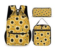 WECECE Set di Zaino Sunflower Bambini con Sacchetto per Pranzo e Astuccio, Borsa Scolastica Flower Bambina 6-11 Anni per Elementare e Tempo Libero, Spallacci Regolabili