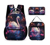 WECECE Set di Zaino Swan Ragazzi con Borsa Termica e Astuccio, Zaino Scuola White Swan Bambina 6-10 Anni per Rientro a Scuola, Capiente per Libri Quaderni e Accessori