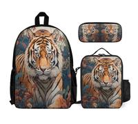 WECECE Set di Zaino Tiger Ragazzo con Borsa Termica e Astuccio, Zainetto Animal Theme Bambina 7-12 Anni per Scuola Primaria e Back to School, Tasche Laterali Porta Bottiglia