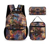 WECECE Set di Zaino Train Ragazza con Portapranzo e Astuccio Matite, Borsa Scuola Railway Train Ragazzo 6-13 Anni per Uso Quotidiano, Capiente per Libri Quaderni e Accessori
