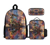 WECECE Set di Zaino Train Studenti con Portapranzo e Astuccio Matite, Borsa Scolastica Railway Train Ragazzi 6-10 Anni per Uso Giornaliero