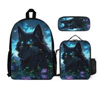 WECECE Set di Zaino Wolf Bambini con Sacchetto per Pranzo e Astuccio, Borsa Scolastica Wolve Animal Bambina 6-11 Anni per Elementare