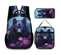 WECECE Set di Zaino Wolf Bambino con Borsa Termica e Astuccio, Zainetto Wolves Animal Studenti Classe 3-5 per Attività Quotidiane