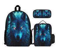 WECECE Set di Zaino Wolf Ragazzo con Sacchetto Pranzo e Astuccio Matite, Borsa Scolastica Animal Wolve Bambina 7-14 Anni per Uso Quotidiano