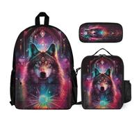 WECECE Set di Zaino Wolf Studenti con Portapranzo e Astuccio Matite, Borsa Scolastica Animal Wolve Ragazzi 6-10 Anni per Uso Giornaliero