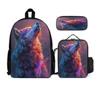 WECECE Set di Zaino Wolve Bambini con Portapranzo e Astuccio Matite, Zainetto Animal Print Ragazza 6-12 Anni per Escursioni e Uso Giornaliero, Tasche Laterali Porta Bottiglia