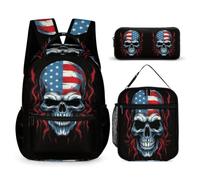 WECECE Set Zaini American Flag Skeleton Bambina con Sacchetto Pranzo e Astuccio Matite, Zaino Scuola Skull Ragazzo 8-15 Anni per Media e Tempo Libero
