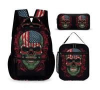 WECECE Set Zaini American Flag Skeleton Bambini con Sacchetto per Pranzo e Astuccio, Borsa Scuola Skull Ragazza 7-12 Anni per Primaria e Rientro a Scuola