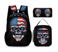 WECECE Set Zaini American Flag Skeleton Ragazza 3 Pezzi con Portapranzo e Astuccio, Zainetto Skull Bambino 8-13 Anni per Escursioni, Lezioni e Tempo Libero