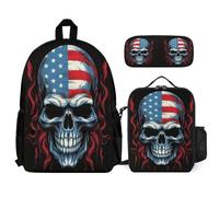 WECECE Set Zaini American Flag Skeleton Ragazze 7-13 Anni con Sacchetto Pranzo Astuccio, Borsa Scolastica Skull Bambino per Viaggio e Tempo Libero, Spallacci Regolabili e Tasche Laterali