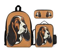 WECECE Set Zaini Baquito Hound Dog Ragazze 7-13 Anni con Sacchetto Pranzo Astuccio, Borsa Scolastica Puppy Animal Bambino per Viaggio e Tempo Libero, Spallacci Regolabili e Tasche Laterali