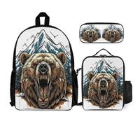 WECECE Set Zaini Bear Pattern Ragazze 7-13 Anni con Sacchetto Pranzo Astuccio, Borsa Scolastica Animal Print Bambino per Viaggio e Tempo Libero, Spallacci Regolabili e Tasche Laterali