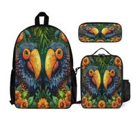 WECECE Set Zaini Bird Print Ragazze con Sacchetto per Pranzo e Astuccio, Borsa Scuola Studenti Classe 3-5 per Attività Quotidiane, Spallacci Regolabili e Tasche Laterali
