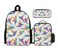 WECECE Set Zaini Bird Print Ragazze per Scuola Primaria con Portapranzo e Astuccio, Zaino Colourful Bambino 7-11 Anni per Uso Quotidiano