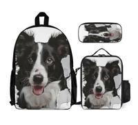 WECECE Set Zaini Border Collie Dog Ragazzo con Portapranzo e Astuccio, Borsa Scolastica Animal Puppy Studenti 6-12 Anni per Forniture Scolastiche, Capiente per Libri Quaderni e Accessori