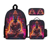 WECECE Set Zaini Buddha Bambini con Sacchetto per Pranzo e Astuccio, Borsa Scuola Buddhism Ragazza 6-12 Anni per Regalo di Compleanno