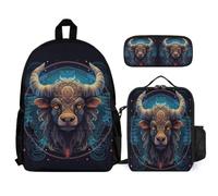 WECECE Set Zaini Bull Ragazzo con Portapranzo e Astuccio, Borsa Scolastica Animal Cow Print Studenti 6-12 Anni per Forniture Scolastiche, Capiente per Libri Quaderni e Accessori