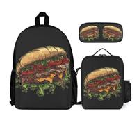 WECECE Set Zaini Burger Print Bambina con Portapranzo e Astuccio Matite, Borsa Scuola Food Pattern Bambino 6-12 Anni per Scuola Primaria, Regalo di Compleanno, Spallacci Regolabili