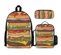 WECECE Set Zaini Burger Print Bambino con Sacchetto per Pranzo e Astuccio, Borsa Scuola Food Pattern Studenti Classe 3-5 per Tempo Libero