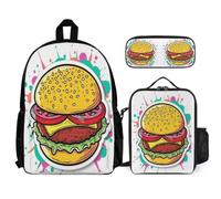 WECECE Set Zaini Burger Print Ragazze 3 Pezzi con Borsa Termica e Astuccio, Zainetto Food Pattern Bambino 7-14 Anni per Back to School