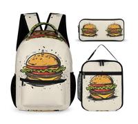 WECECE Set Zaini Burger Print Studenti con Borsa Termica e Astuccio, Borsa Scuola Food Pattern Bambino 8-13 Anni per Primaria e Tempo Libero