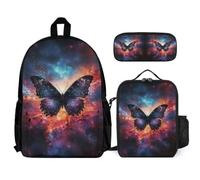 WECECE Set Zaini Butterfly Bambino con Sacchetto per Pranzo e Astuccio, Borsa Scuola Studenti Classe 3-5 per Tempo Libero