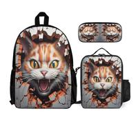 WECECE Set Zaini Cat Bambina con Portapranzo e Astuccio Matite, Zainetto Kitten 3D Theme Ragazzi 7-14 Anni per Rientro a Scuola, Capiente per Libri Quaderni e Accessori Scolastici