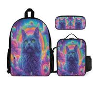 WECECE Set Zaini Cat Colourful Clouds Ragazze con Sacchetto per Pranzo e Astuccio, Borsa Scuola Kitten Studenti Classe 3-5 per Attività Quotidiane, Spallacci Regolabili e Tasche Laterali