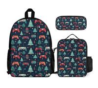WECECE Set Zaini Christmas Tree Print Bambina per Elementare con Portapranzo Astuccio, Zainetto Christmas Pattern Ragazzo 7-11 Anni per Escursioni e Studio, Spallacci Regolabili e Tasche Laterali
