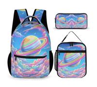 WECECE Set Zaini Colourful Planet Ragazzi con Sacchetto Pranzo e Astuccio Matite, Borsa Scuola Rainbow Bambini 7-14 Anni per Uso Quotidiano