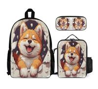 WECECE Set Zaini Corgi Bambini con Sacchetto per Pranzo e Astuccio, Borsa Scuola Dog Animal Print Ragazza 6-12 Anni per Regalo di Compleanno