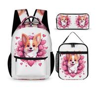 WECECE Set Zaini Corgi Bambini con Sacchetto Pranzo e Astuccio, Borsa Scolastica Dog Print Ragazza 6-13 Anni, Regalo per Studenti