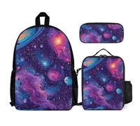 WECECE Set Zaini Cosmos Bambina con Portapranzo e Astuccio Matite, Borsa Scuola Planet Bambino 6-12 Anni per Scuola Primaria, Regalo di Compleanno, Spallacci Regolabili
