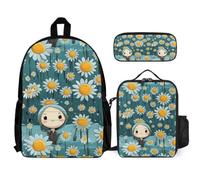 WECECE Set Zaini Daisy Ragazzo con Portapranzo e Astuccio, Borsa Scolastica Flower Studenti 6-12 Anni per Forniture Scolastiche, Capiente per Libri Quaderni e Accessori