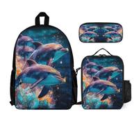 WECECE Set Zaini Dolphin Studenti con Borsa Termica e Astuccio, Borsa Scuola Sea Creature Ragazza 6-12 Anni per Forniture Scolastiche